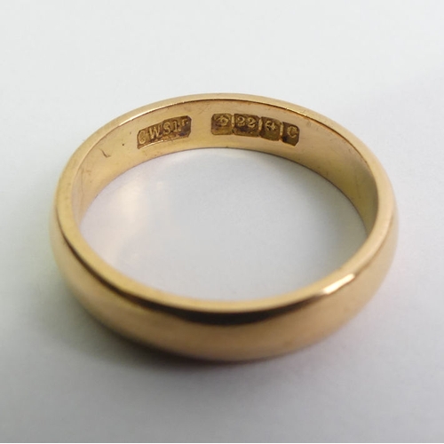 106 - 22ct gold wedding ring, Birm.1927, 4.6 grams, 4mm, size L.