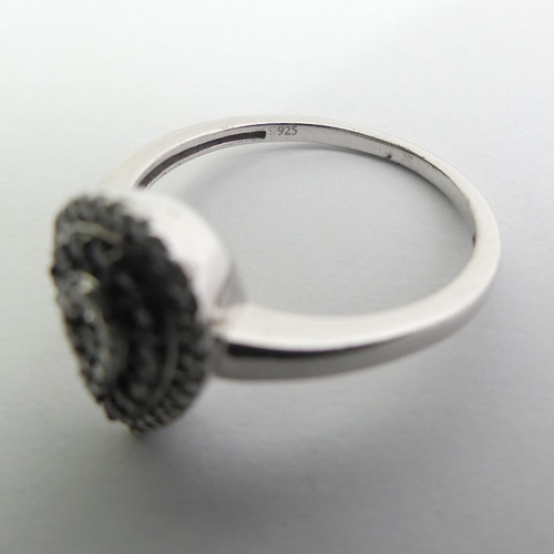 112 - Sterling silver black and white diamond pear shape ring, 2.4 grams, 12.8mm, size N1/2.