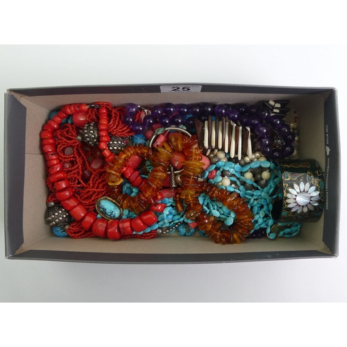 25 - A box containing amethyst, coral, amber, turquoise and other bead necklaces.