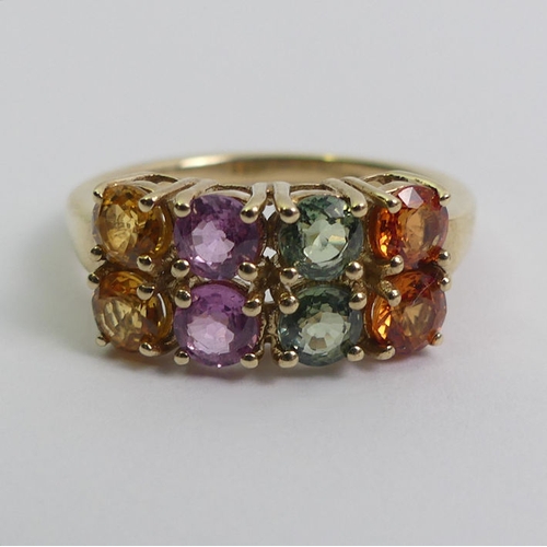 6 - 9ct gold multi-colour gem set ring, 3.2 grams, 8.1mm, size O.