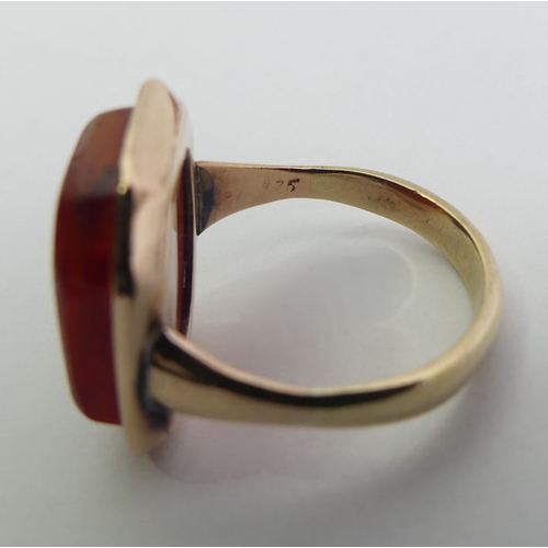 74 - 9ct gold carnelian intaglio seal ring, 5.8 grams, 18.9mm, size O.