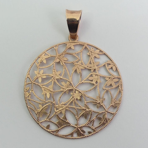 9 - 9ct rose gold foliate design pendant, 3.6 grams, 36.5mm in diameter.