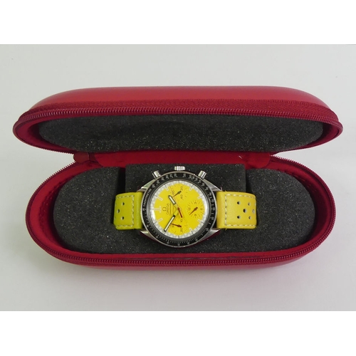 146 - Omega Michael Schumacher Speedmaster chronograph, fixed bezel, yellow dial with red detailing, 39mm ... 