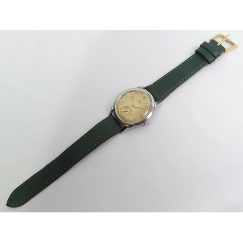 148 - Gents Omega manual wind, stainless steel 'Jumbo'   watch on a green leather strap, 37mm inc. button.... 