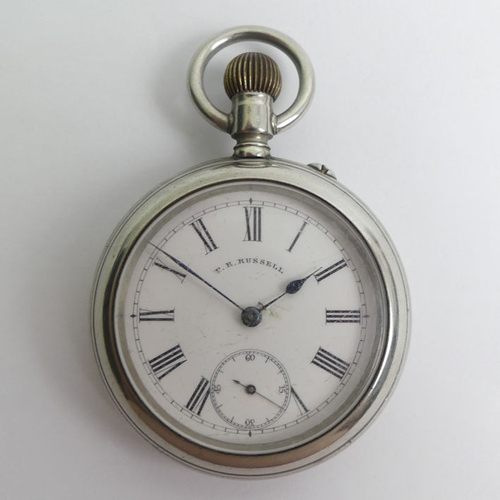 158 - Gents open face button wind pocket watch, T.R. Russel, 70mm x 48mm.
Condition Report: In working ord... 