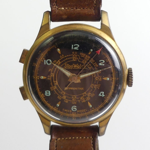 159 - Gents gold tone black dial stopwatch, Swiss movement watch, 39mm excluding buttons.