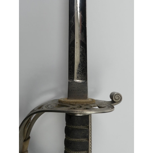 214 - Grenadiers 1892 pattern sward and scabbard made by Pillin, Gerrard St, Soho London, blade 82cm.