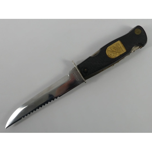 237 - A German Decora Solingen multi tool hunting knife and sheath, blade 13.5cm.