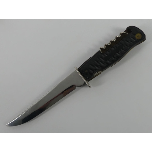 237 - A German Decora Solingen multi tool hunting knife and sheath, blade 13.5cm.