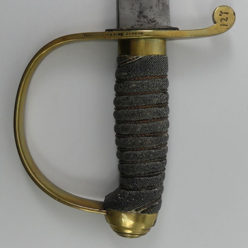 264 - British pre-1850 Constabulary short sword and scabbard by Parker Field and Sons. Blade 55cm