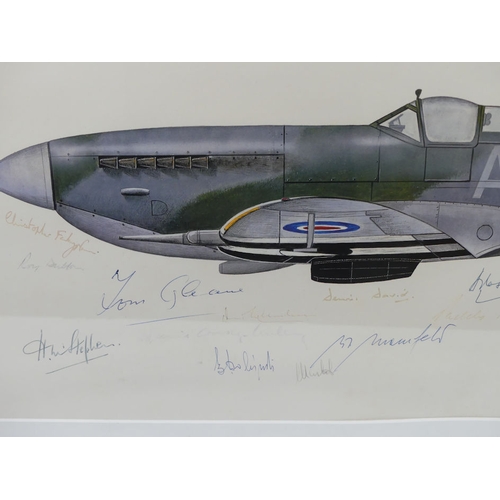 270 - A Framed and glazed Spitfire print signed by some of the most renowned pilots including Douglas Bade... 