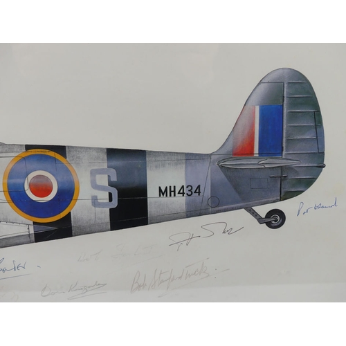 270 - A Framed and glazed Spitfire print signed by some of the most renowned pilots including Douglas Bade... 