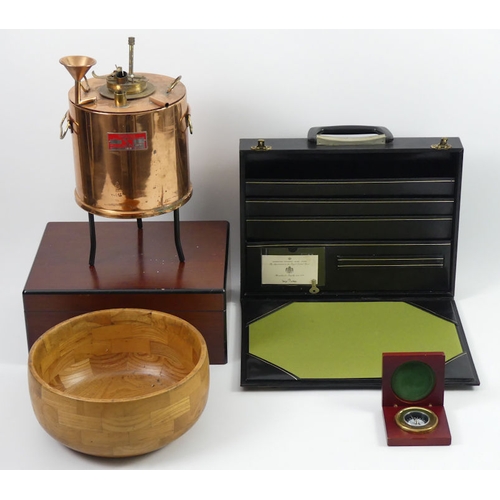 294 - A walnut humidor, copper drum, compass, writing slope and a wooden bowl.