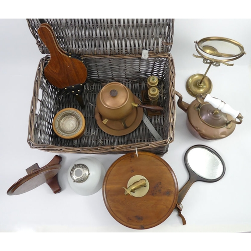 295 - A picnic hamper and contents including a miniature tilt-top table, mirrors and bellows.