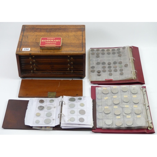 296 - A 19th century coin collectors cabinet and three folders of GB coins along with a tin of old pennies... 