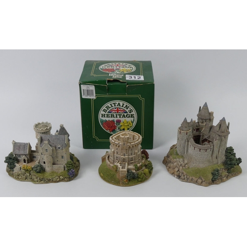 312 - Three Lilliput Lane Castles, Penkill, Castell Coch and Round Tower Windsor, highest 14cm.