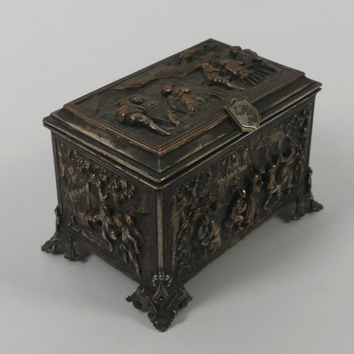 319 - Silver plated 19th Century silk lined jewellery casket, 9.5cm x 6cm x 6cm.