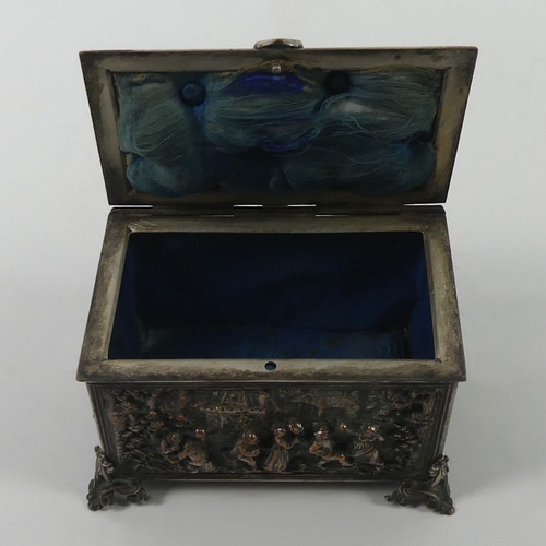 319 - Silver plated 19th Century silk lined jewellery casket, 9.5cm x 6cm x 6cm.