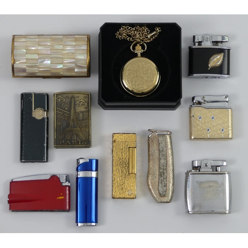 325 - A Dunhill gold plated lighter along with seven others and a Sekonda pocket watch.