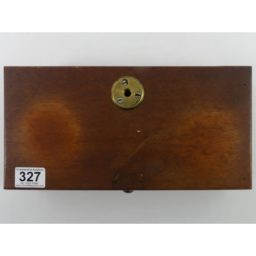 327 - A mahogany cased set of shop scales with Hunt & Co label, 31.5cm wide.