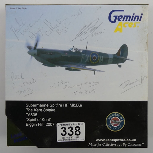 338 - Boxed Gemini Aces diecast supermarine spitfire HF MK 1XE multi-signed to the front of box.