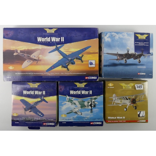 345 - Five boxed Corgi diecast Aviation Archive war planes AA36023 Sea Gladiator, AA32801 DH Mosquito, A33... 