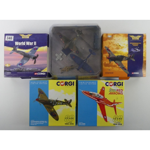 346 - Five boxed Corgi diecast planes including Red Arrows 60 Years of Corgi, AA99182, Merlins over Malta.