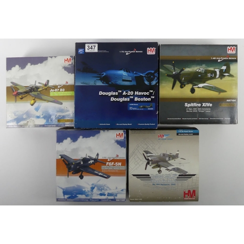 347 - Five boxed Hobbymaster war planes including Douglas A20, FSF5N, Spitifre HVV, 1:72 scale.