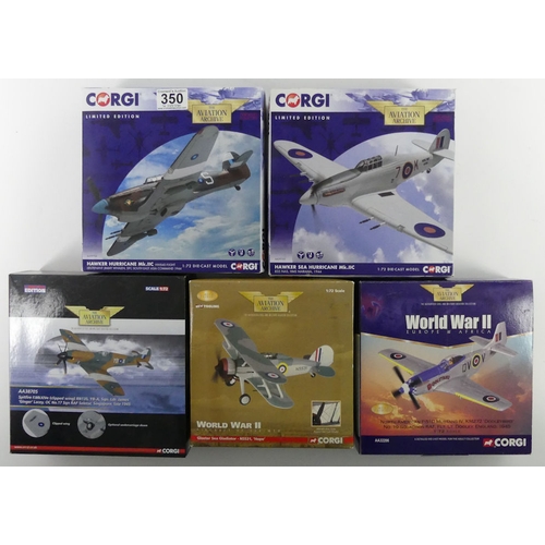 350 - Five boxed Corgi diecast Aviation Archive war planes.
AA39704 Hawker Hurricane MK 11C
AA32206 North ... 