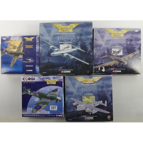 357 - Five boxed Corgi diecast Aviation Archive war planes AA319348 Supermarine Spitfire MK V6, 49204 Mess... 