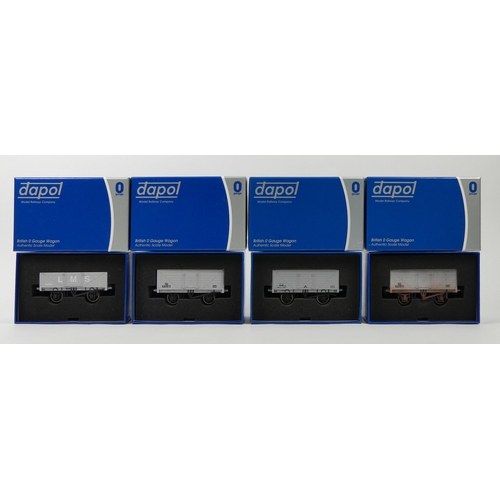 364 - Four boxed Dapol 0 gauge wagons including BR P308271, eight plank open wagon, BR seven plank open wa... 