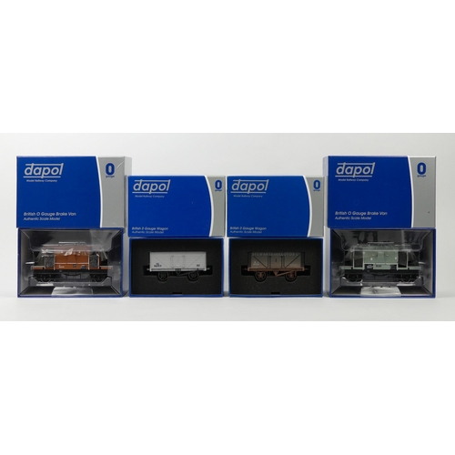 365 - Four boxed Dapol 0 gauge wagons and brake vans including BR 20T brake van, BRP73150 seven open wagon... 