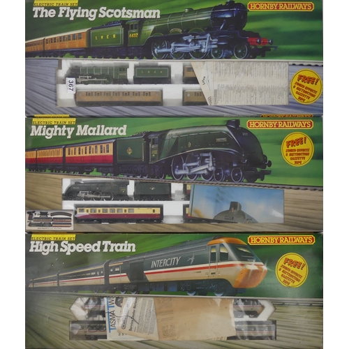 367 - A boxed high speed train set R693 together with boxed Mighty Mallard train set R542, and boxed The F... 