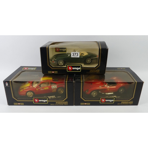 373 - Three boxed Bburago cars 1961 Jaguar 'E' cabriolet, Ferrari 250 Testa Rossa and Ferrari 348 tb evolu... 