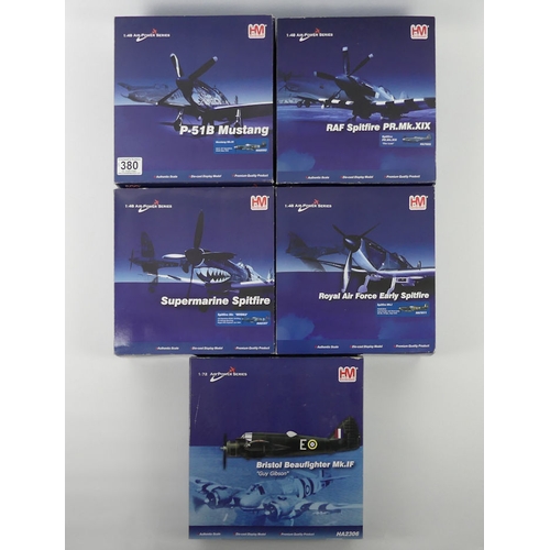 380 - Five boxed Hobbymaster diecast fighter planes, Spitfire MKI, Spitfire PR MK XIX, Spitfire IXC, P-51B... 