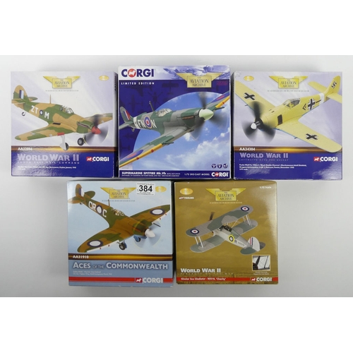 384 - Five boxed Corgi Archive Aviation war planes, AA31910 Spitfire MKVC, AA36203 Gloster Sea Gladiator N... 