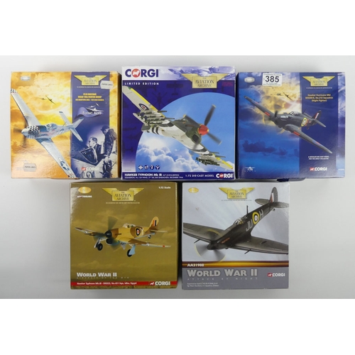 385 - Five boxed Corgi Archive Aviation war planes, AA32002 Hawker Hurricane MKII, 49301 P510 Mustang, AA3... 