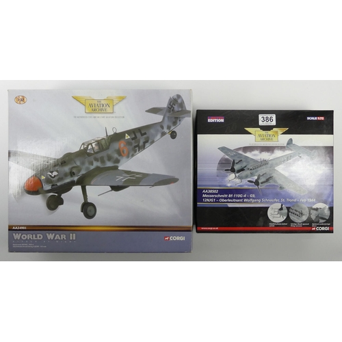 386 - Two boxed Corgi Aviation Archive war planes AA38502 Messerschmidt BF-110G - 4 G9 together with AA349... 