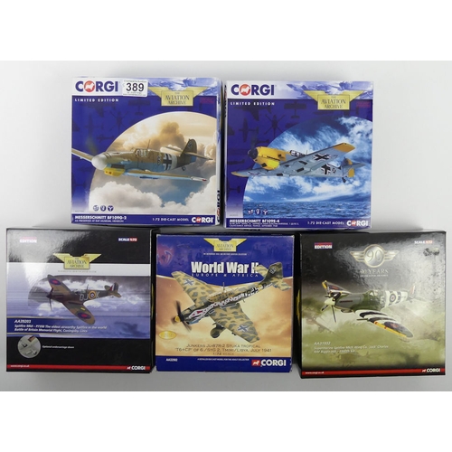 389 - Five boxed Corgi diecast Aviation Archive war planes, AA31932 Supermarine Spitfire MKIX, AA28003 Mes... 