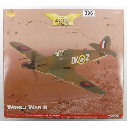 396 - A boxed Corgi diecast Aviation Archive AA35502 Hawker Hurricane III-C AOC Malta, 1:32 scale (damage ... 