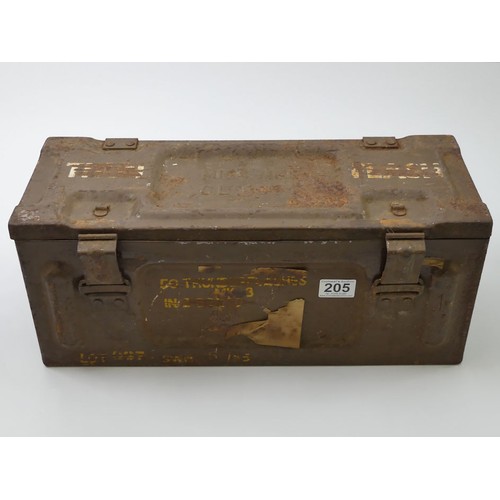 205 - M104 MK1 ammunition box containing leather cased binoculars, belts and a First Aid dressing.