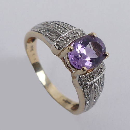 52 - 9ct gold amethyst and diamond ring, 3.1 grams, 8.1mm, size O.