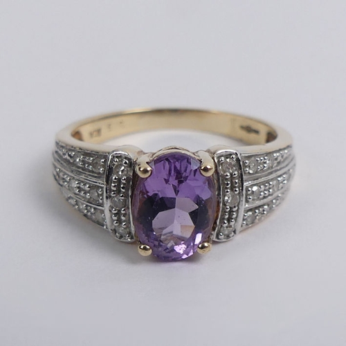 52 - 9ct gold amethyst and diamond ring, 3.1 grams, 8.1mm, size O.