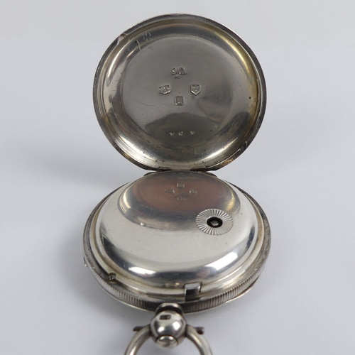 136 - Victorian silver open face pocket watch with buckle and belt design Albert chain and car fob.