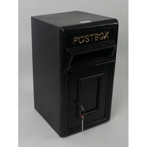 269 - A metal post box with keys, 45cm x 24cm.