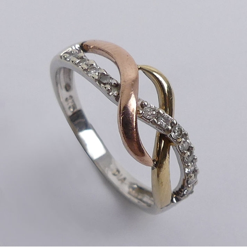 14 - 9ct three colour gold and diamond ring, 2.2 grams, 7.5mm, size O.