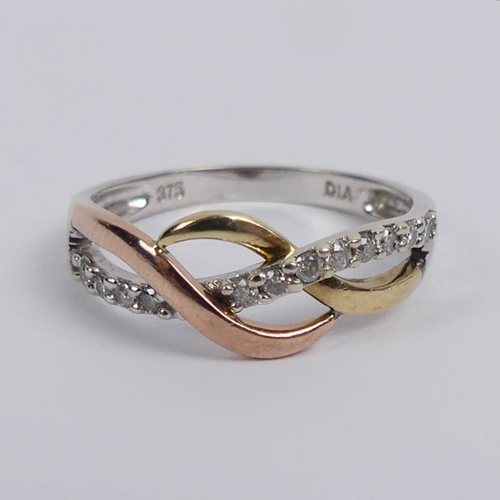 14 - 9ct three colour gold and diamond ring, 2.2 grams, 7.5mm, size O.