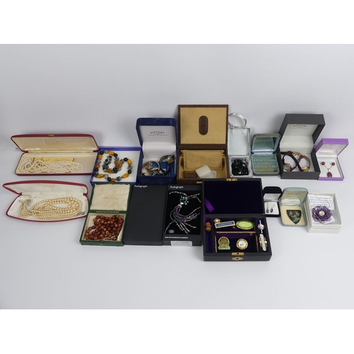 48 - A case containing various items of costume jewellery and watches, including a silver and amber neckl... 