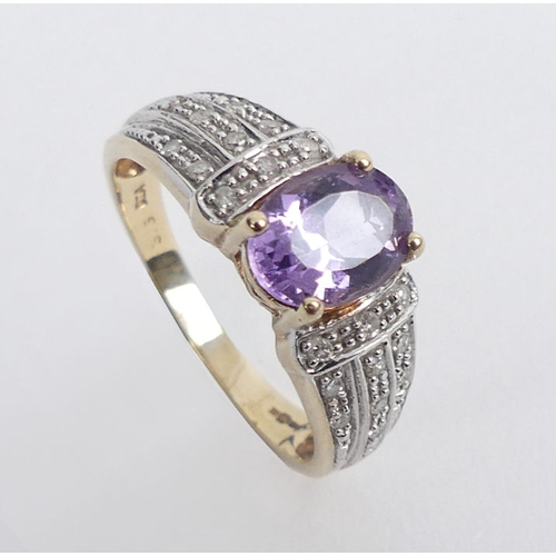 52 - 9ct gold amethyst and diamond ring, 3.1 grams, 8.1mm, size O.