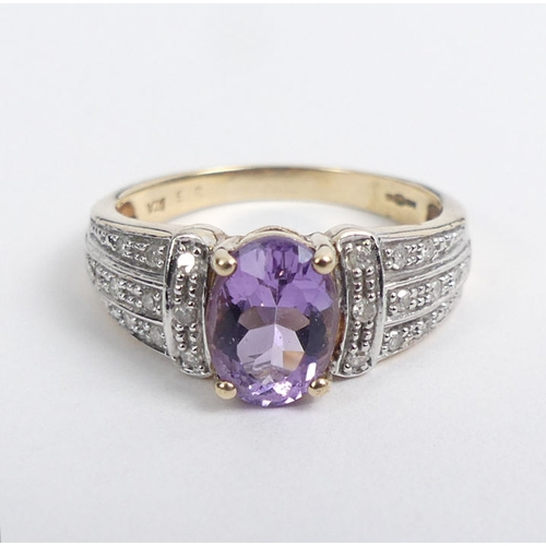 52 - 9ct gold amethyst and diamond ring, 3.1 grams, 8.1mm, size O.